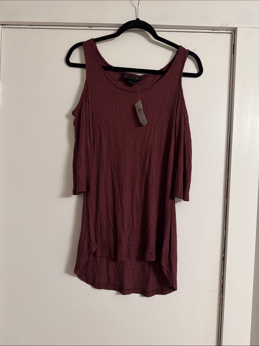 Polly & Esther Cold-Shoulder Ribbed Tunic Top - Burgundy